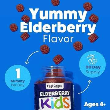 Feel Great Vitamin Co. Elderberry Gummies for Kids | Immune Support | Natural Antioxidant Immune Booster | with Vitamin C and Zinc | Gluten Free & Vegetarian | 90 Gummies
