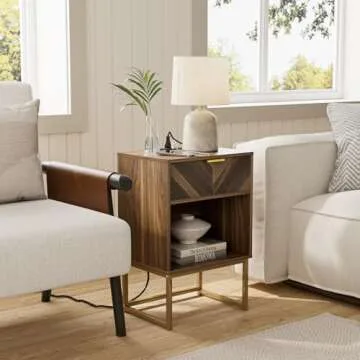 Masupu Nightstand with Charging Station,Modern Night Stand Boho Farmhouse Wood Bedside Table with Storage Drawer Side End Table for Bedroom,Living Room,Office,Walnut Brown with Outlet