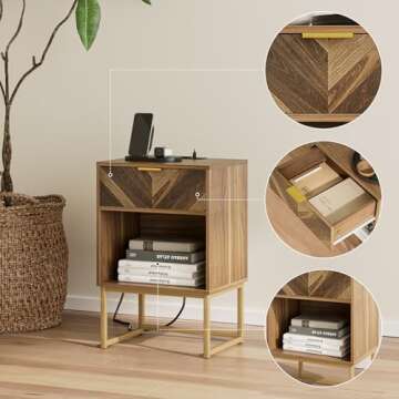 Masupu Nightstand with Charging Station,Modern Night Stand Boho Farmhouse Wood Bedside Table with Storage Drawer Side End Table for Bedroom,Living Room,Office,Walnut Brown with Outlet