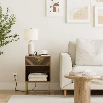 Masupu Nightstand with Charging Station,Modern Night Stand Boho Farmhouse Wood Bedside Table with Storage Drawer Side End Table for Bedroom,Living Room,Office,Walnut Brown with Outlet