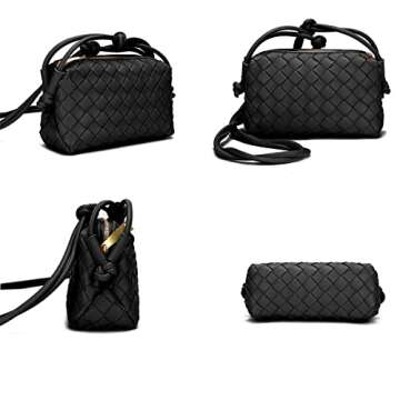 Woven Crossbody Bags For Women, Small Handmade Purse Clutch Shoulderbag Handbag, Zipper Closure (Black)