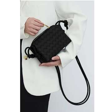 Woven Crossbody Bags For Women, Small Handmade Purse Clutch Shoulderbag Handbag, Zipper Closure (Black)