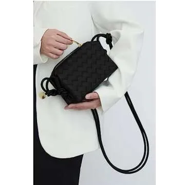 Woven Crossbody Bags For Women, Small Handmade Purse Clutch Shoulderbag Handbag, Zipper Closure (Black)