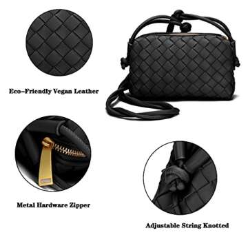 Woven Crossbody Bags For Women, Small Handmade Purse Clutch Shoulderbag Handbag, Zipper Closure (Black)