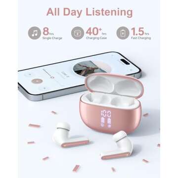 HUIFU Ear Buds Wireless Earbuds - Bluetooth Headphones 40H Playtime LED Display Deep Bass Stereo in-Ear Earphones with IPX7 Waterproof for iPhone Android Phone Tablet Laptop, Rosepink