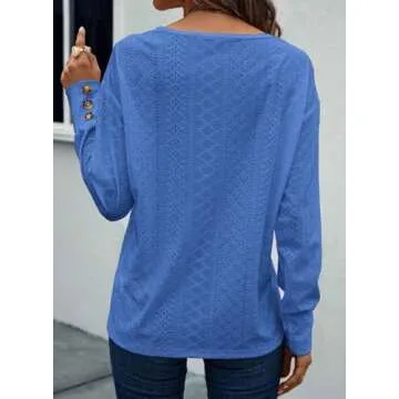 Dokotoo Spring Summer Tops for Women Trendy 2025 Dressy Casual Blouse V Neck Long Sleeve Shirts Buttons Hollow Out Lace Tops Embroidered Blouses Business Casual Outfits Ladies Tops (Blue,Large)