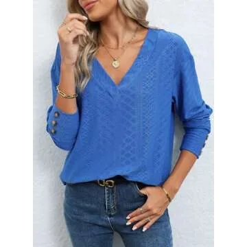 Dokotoo Spring Summer Tops for Women Trendy 2025 Dressy Casual Blouse V Neck Long Sleeve Shirts Buttons Hollow Out Lace Tops Embroidered Blouses Business Casual Outfits Ladies Tops (Blue,Large)