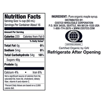 Premium Kirkland Organic Gluten Free Maple Syrup 1L