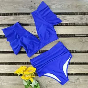 SPORLIKE Women Ruffle High Waist Swimsuit Two Pieces Push Up Solid Blue Bikini (Blue,X-Large)