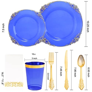 Nervure 175PCS Blue Gold Plates Set for Stylish Parties