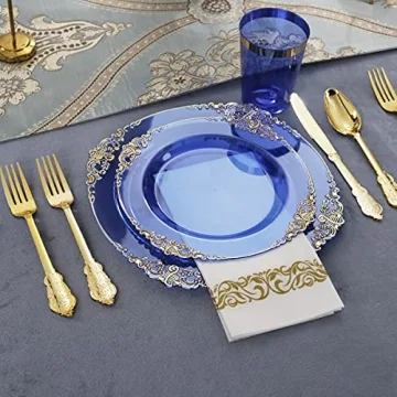 Nervure 175PCS Blue Gold Plates Set for Stylish Parties