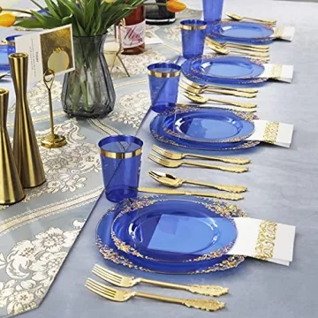 Nervure 175PCS Blue Gold Plates Set for Stylish Parties