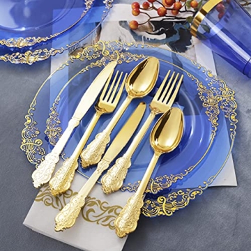 Nervure 175PCS Blue Gold Plates Set for Stylish Parties