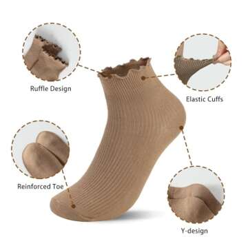 Fandecie 8 Pairs Frilly Socks Women,Ruffle Socks for Girl Women,Cute Ankle Socks for Women,Solid Color Lettuce Edge Comfort Breathable One Size 5-9,White,Black and Grey