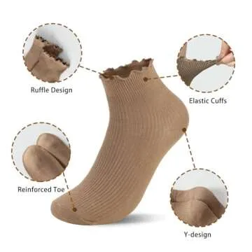 Fandecie 8 Pairs Frilly Socks Women,Ruffle Socks for Girl Women,Cute Ankle Socks for Women,Solid Color Lettuce Edge Comfort Breathable One Size 5-9,White,Black and Grey