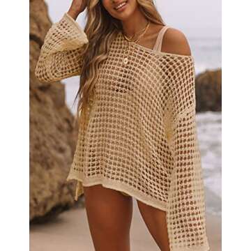 Bsubseach Crochet Cover Ups for Women Sexy Hollow Out Swim Cover Up Knit Summer Outfits Apricot