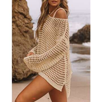 Bsubseach Crochet Cover Ups for Women Sexy Hollow Out Swim Cover Up Knit Summer Outfits Apricot