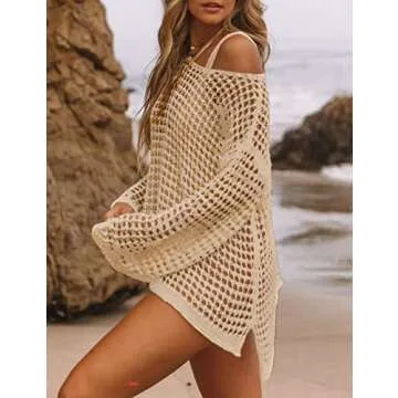 Bsubseach Crochet Cover Ups for Women Sexy Hollow Out Swim Cover Up Knit Summer Outfits Apricot