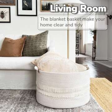 CherryNow Large White Woven Storage Basket, Boho Decorative Basket for Home Decor, Towel basket for ...