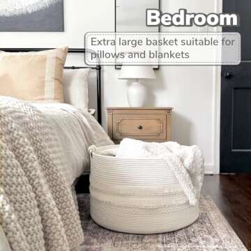 CherryNow Large White Woven Storage Basket, Boho Decorative Basket for Home Decor, Towel basket for Bathroom, Bedroom, Living room, Baby Nursery Basket for Clothes, Toys, Blankets, 22 x 14 inches