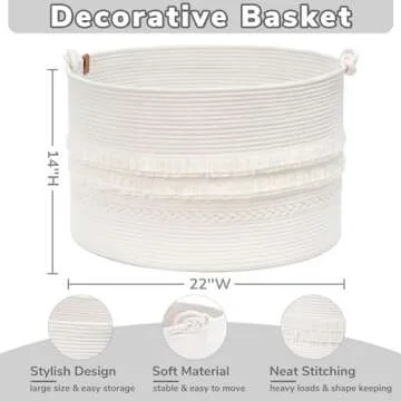 CherryNow Large White Woven Storage Basket, Boho Decorative Basket for Home Decor, Towel basket for Bathroom, Bedroom, Living room, Baby Nursery Basket for Clothes, Toys, Blankets, 22 x 14 inches
