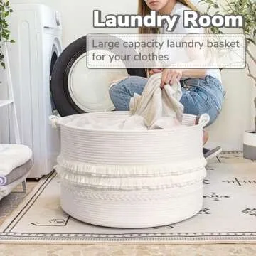 CherryNow Large White Woven Storage Basket, Boho Decorative Basket for Home Decor, Towel basket for Bathroom, Bedroom, Living room, Baby Nursery Basket for Clothes, Toys, Blankets, 22 x 14 inches