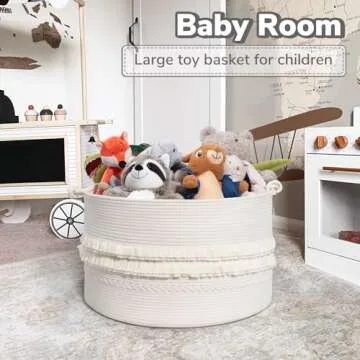 CherryNow Large White Woven Storage Basket, Boho Decorative Basket for Home Decor, Towel basket for Bathroom, Bedroom, Living room, Baby Nursery Basket for Clothes, Toys, Blankets, 22 x 14 inches