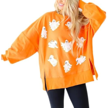 Yiulangde Women's Cute Halloween Sweatshirts Sequin Spooky Ghost Graphic Oversized Pullover Crewneck...