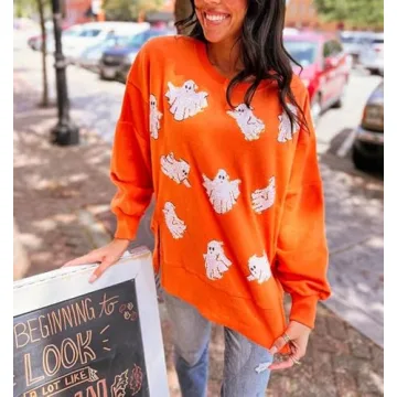 Yiulangde Women's Cute Halloween Sweatshirts Sequin Spooky Ghost Graphic Oversized Pullover Crewneck Long Sleeve Sweater Tops Light Orange