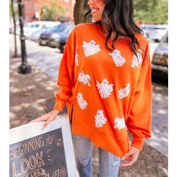 Yiulangde Women's Cute Halloween Sweatshirts Sequin Spooky Ghost Graphic Oversized Pullover Crewneck Long Sleeve Sweater Tops Light Orange