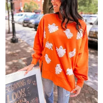 Yiulangde Women's Cute Halloween Sweatshirts Sequin Spooky Ghost Graphic Oversized Pullover Crewneck Long Sleeve Sweater Tops Light Orange