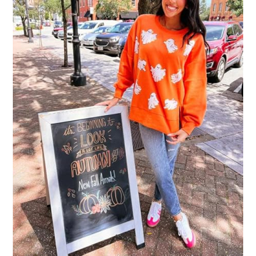 Yiulangde Women's Cute Halloween Sweatshirts Sequin Spooky Ghost Graphic Oversized Pullover Crewneck Long Sleeve Sweater Tops Light Orange