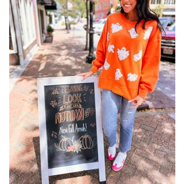 Yiulangde Women's Cute Halloween Sweatshirts Sequin Spooky Ghost Graphic Oversized Pullover Crewneck Long Sleeve Sweater Tops Light Orange