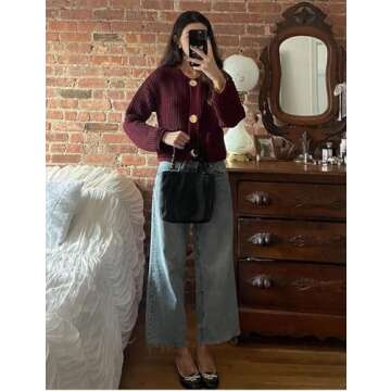 Yimoon Womens Cropped Cardigan Sweaters Gold Button Down Chunky Knit Sweaters Long Sleeve Open Front Fall Crochet Cardigan(DarkRed-S)