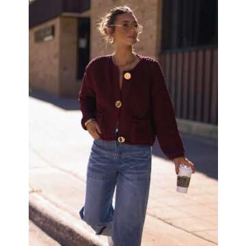 Yimoon Womens Cropped Cardigan Sweaters Gold Button Down Chunky Knit Sweaters Long Sleeve Open Front Fall Crochet Cardigan(DarkRed-S)