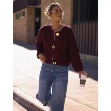 Yimoon Womens Cropped Cardigan Sweaters Gold Button Down Chunky Knit Sweaters Long Sleeve Open Front Fall Crochet Cardigan(DarkRed-S)