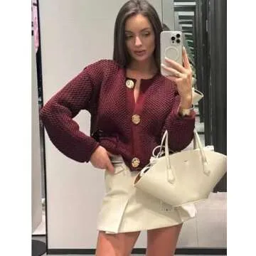 Yimoon Womens Cropped Cardigan Sweaters Gold Button Down Chunky Knit Sweaters Long Sleeve Open Front Fall Crochet Cardigan(DarkRed-S)