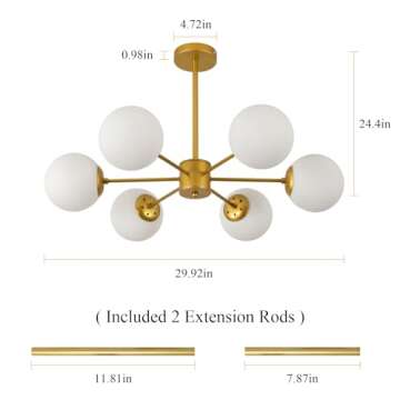 DELIPOP Globe Sputnik Chandelier, 6-Light Gold Modern Chandeliers with Glass, Mid Century Pendant Light Fixtures Vintage Ball for Dining Room, Living Room, Bedroom, Kitchen Island