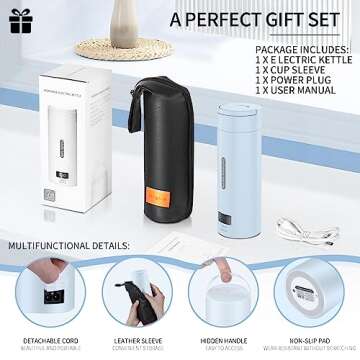 Haspsso Travel Electric Kettle, Small Portable Tea Coffee Kettle Hot Water Boiler, Stainless Steel Mini Water Kettle with 1 Cup Bag, 4 Temperature Control, Auto Shut Off & Boil Dry Protection, Blue