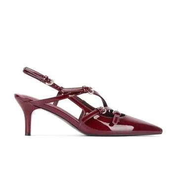 CORNMOOD Burgundy Slingabck Kitten Heels for Women Red Pointed Toe Pumps Stiletto Heel with Buckle Strap Pump Shoes Sexy Striptease Womens Sling Back Heeled Sandals Patent Leather