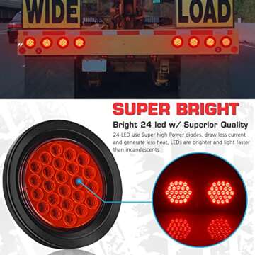 LINKITOM 4 Inchs Round Trailer Lights, Super Bright Red 24 LED Brake Turn Signal Tail Lights with Waterproof Rubber Gaskets for Boat Trailer Truck RV [DOT Certified] [IP67], 2 Pack