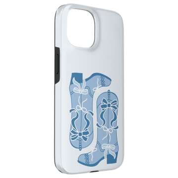 iPhone 15 Light Blue Cowboy Boots and Bows, Coquette Cowgirl Case