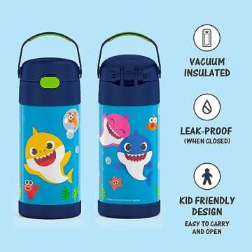 THERMOS FUNTAINER Water Bottle with Straw - 12 Ounce - Kids Stainless Steel Vacuum Insulated Water Bottle with Lid, Baby Shark