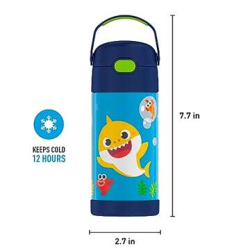 THERMOS FUNTAINER Water Bottle with Straw - 12 Ounce - Kids Stainless Steel Vacuum Insulated Water Bottle with Lid, Baby Shark