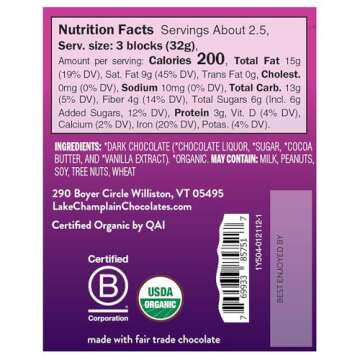 Lake Champlain 80% Cocoa Super Dark Organic Chocolate Bar, 3 Ounces