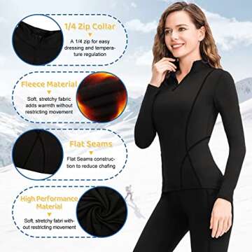 Tesuwel Ski Base Layer Women Cold Weather Long Sleeve Thermal Shirt Women Snowboard Underlayer for Hiking Running Thermal Underwear Top Women Half Zip Athletic Shirts Moisture Wicking 02513 Black M