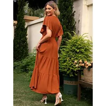 BerryGo Women's Boho V Neck Ruffle Wrap Maxi Dress Casual Tiered Summer Swing Dress Pumpkin with Pocket, S
