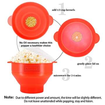 The Original Korcci Microwaveable Silicone Popcorn Popper, Microwave Popcorn Popper, Collapsible Microwave Popcorn Maker Bowl, No Oil Required, Use In Microwave, Dishwasher Safe (Red)