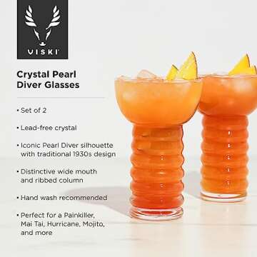 Viski Pacific Crystal Pearl Diver Tropical Tiki Tumbler Set - Premium Crystal Clear Glass, Stylish T...