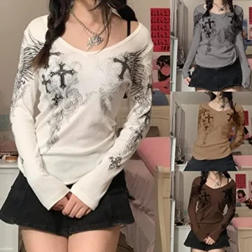 Women Y2K Long Sleeve Top Tee - Vintage Grunge Style